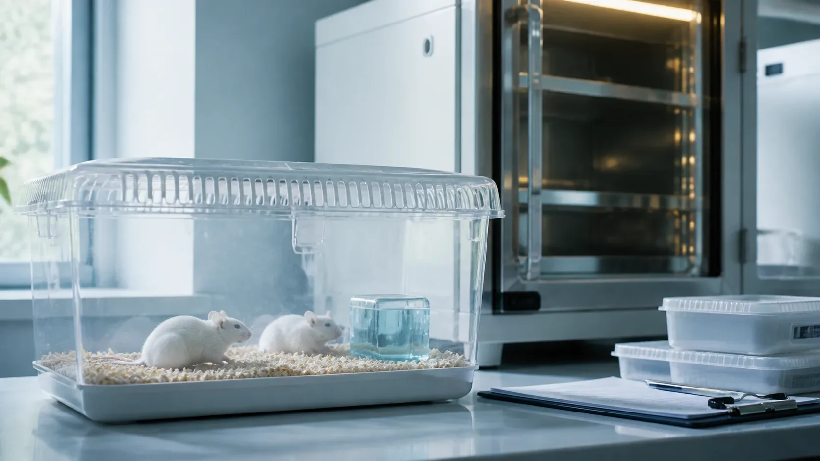Live laboratory mice in a ventilated transport box on a clean-room bench