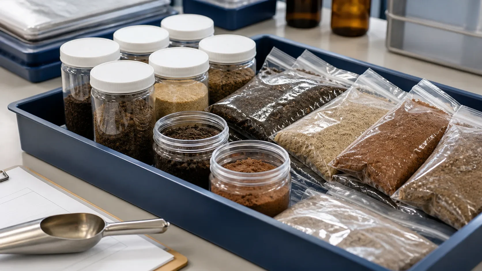 Soil samples in sealed jars and bags, laid out in a laboratory tray